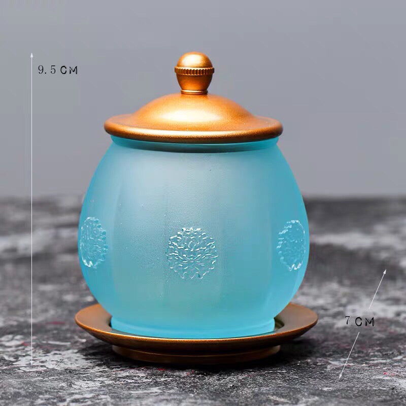 TXJ-291 Traditional Liuli Glass cup with Lid & Saucer Rosette design