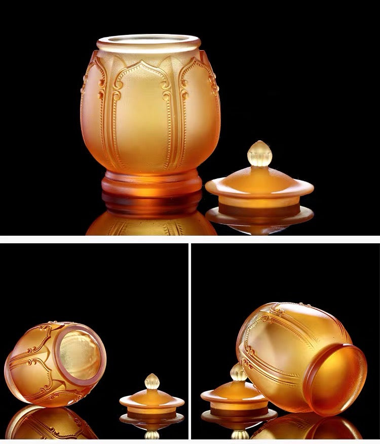 TXJ-271 Traditional Auspicious-flower Liuli Cup with copper saucer & lid