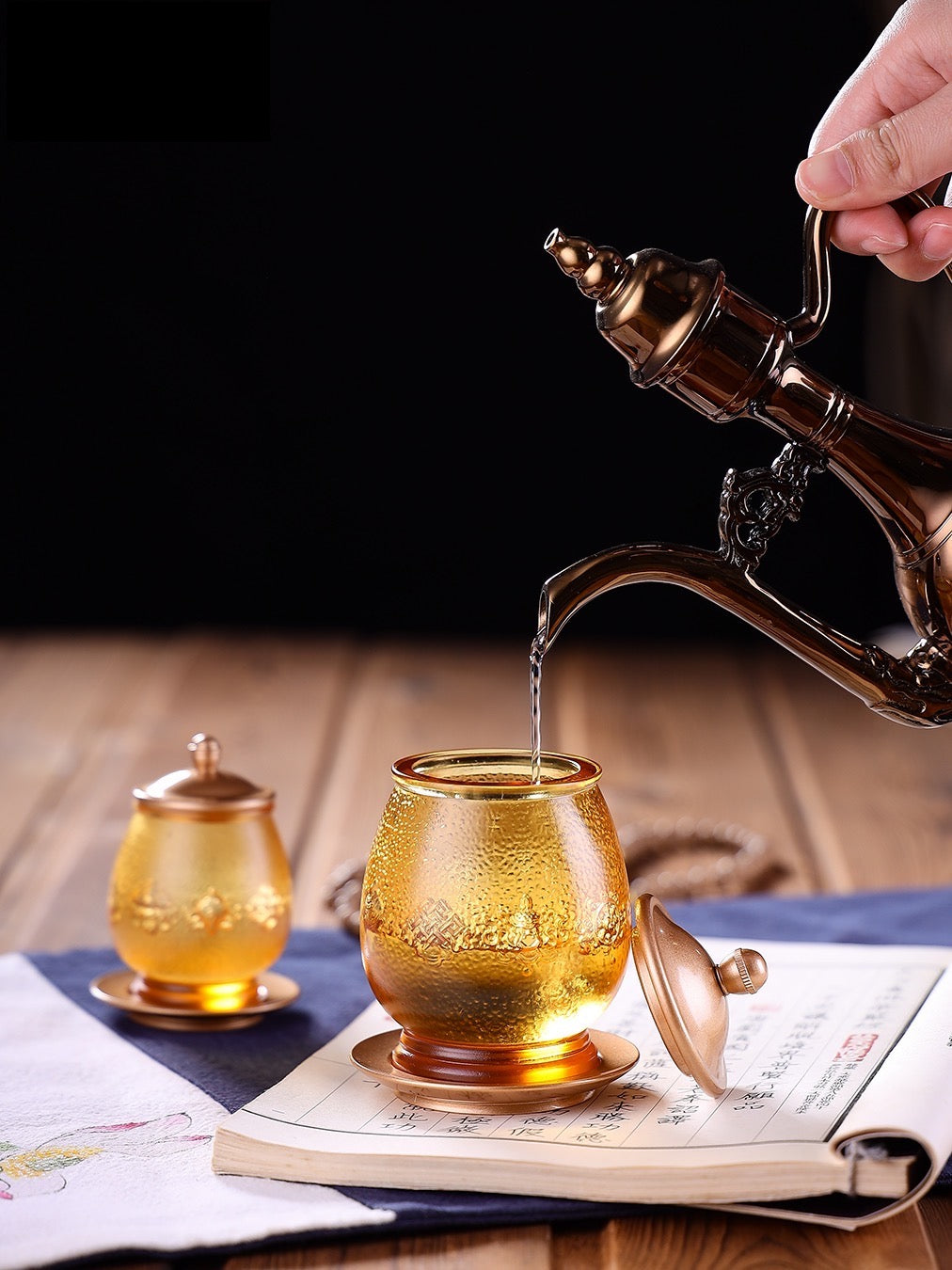 TXJ-251  Eight-auspicious Liuli Cup with lid & Saucer