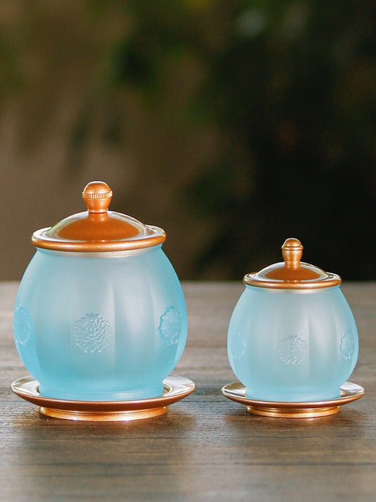 TXJ-291 Traditional Liuli Glass cup with Lid & Saucer Rosette design