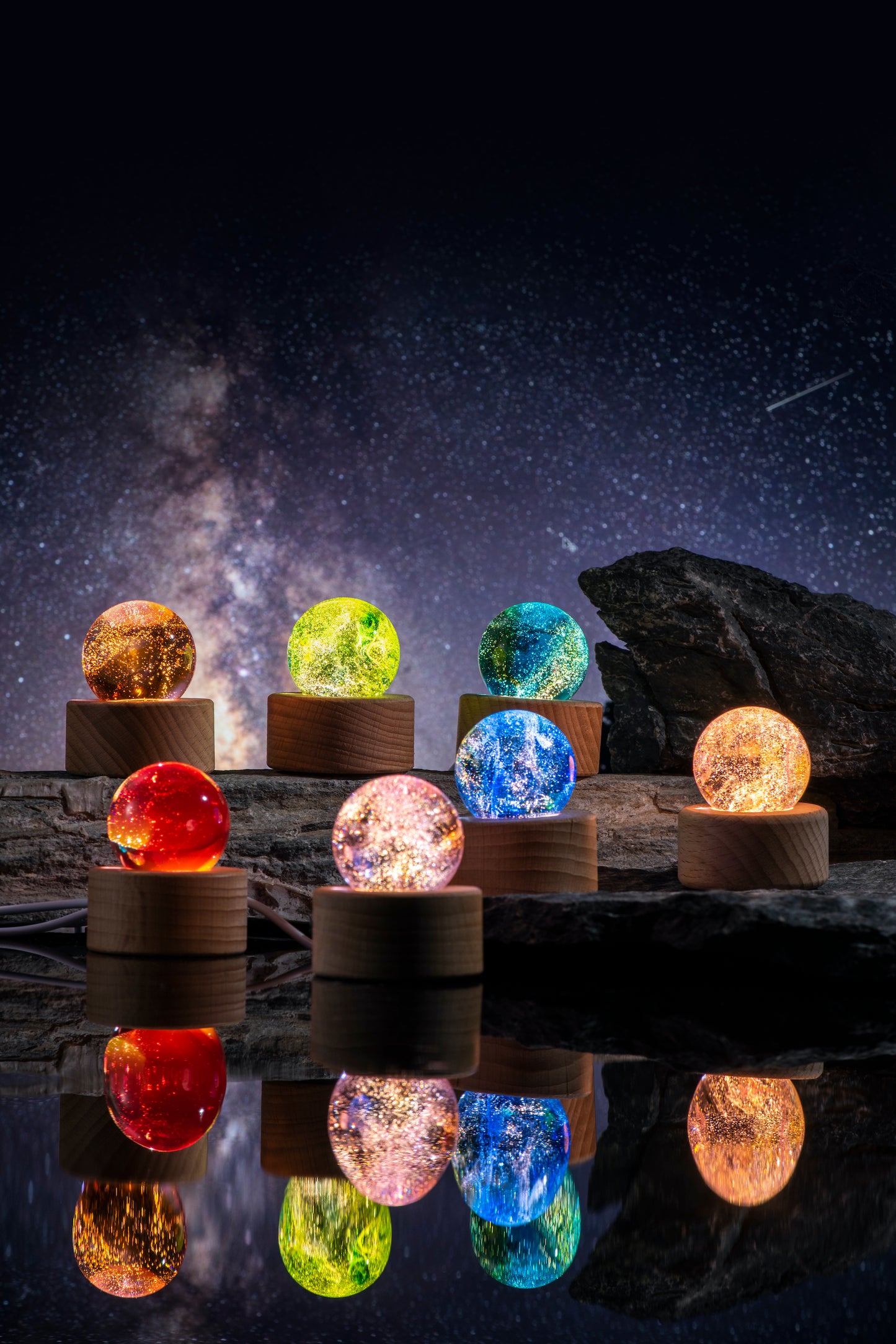 TY-935 A 7-piece set 40mm liuli ball with LED Wooden Base