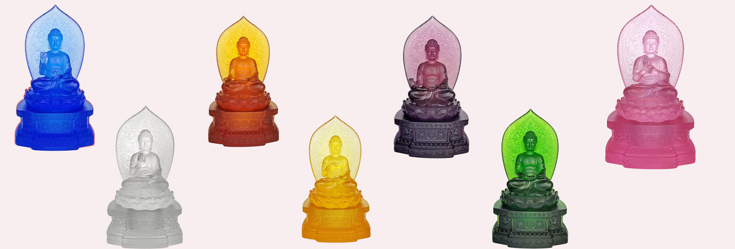 TXF-017 Wholesale Traditional Liuli Crystal Glass Seven Medicine Shakyamuni Gautama Buddha Statue with Backboard