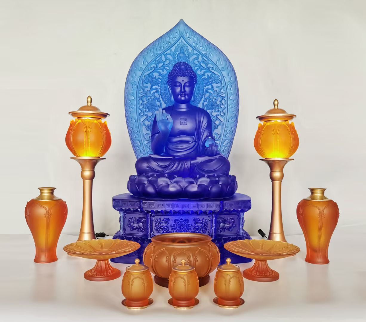 TXF-017 Wholesale Traditional Liuli Crystal Glass Seven Medicine Shakyamuni Gautama Buddha Statue with Backboard