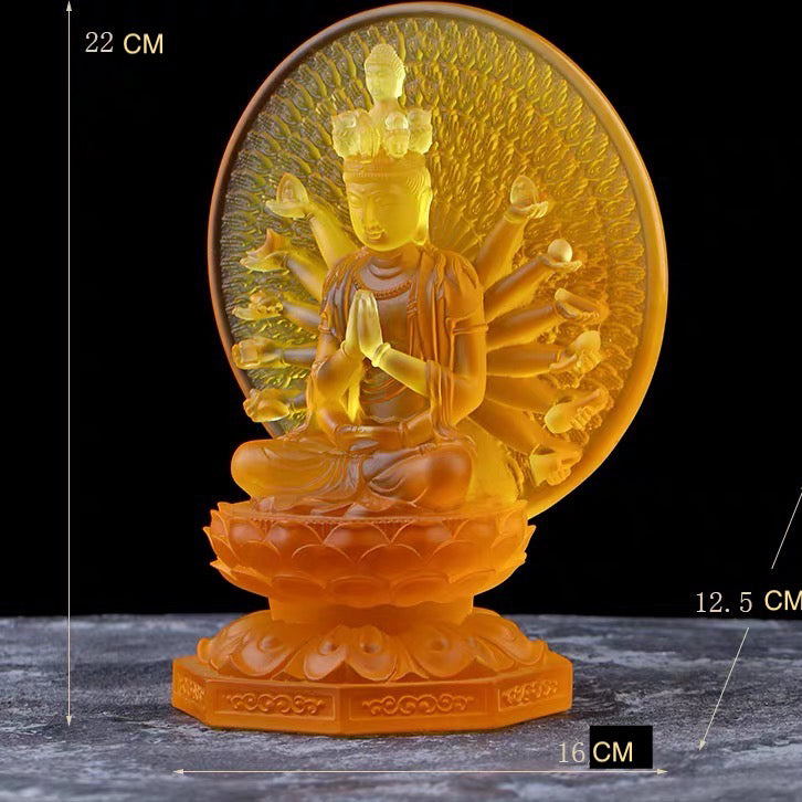 TXF-106Traditional Liuli Thousand Hands Guanyin Buddha Statue Indoor Table Decor Ornaments