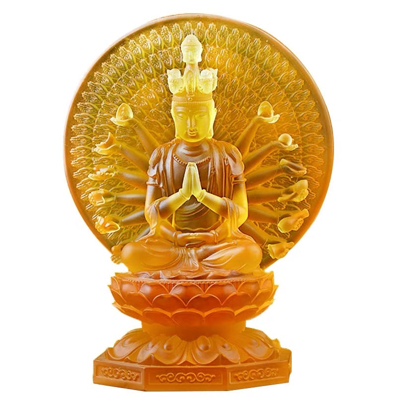 TXF-106Traditional Liuli Thousand Hands Guanyin Buddha Statue Indoor Table Decor Ornaments