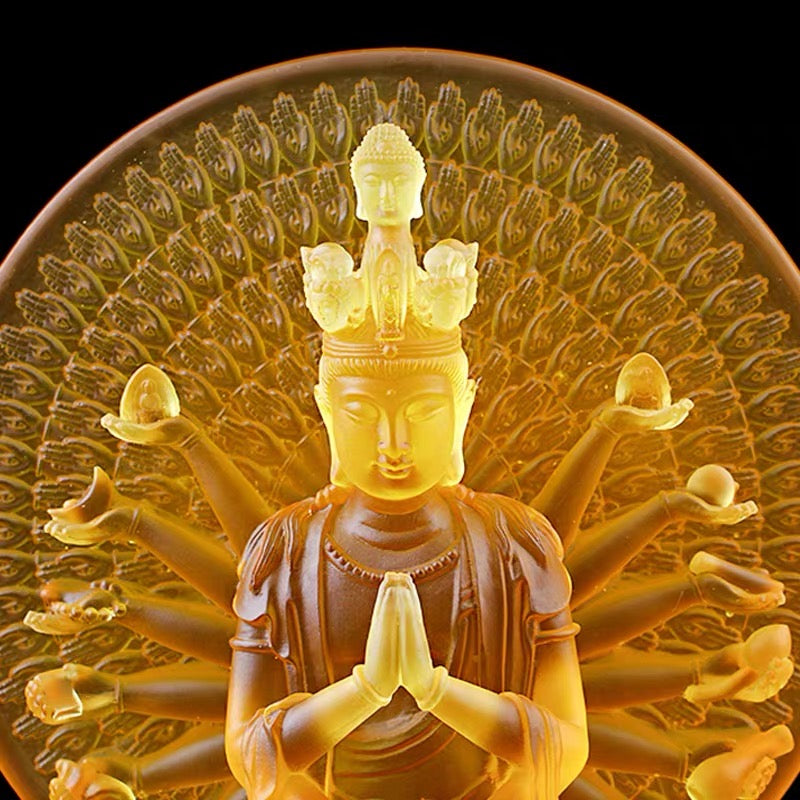 TXF-106Traditional Liuli Thousand Hands Guanyin Buddha Statue Indoor Table Decor Ornaments