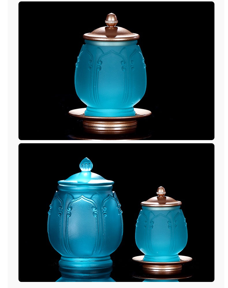 TXJ-271 Traditional Auspicious-flower Liuli Cup with copper saucer & lid