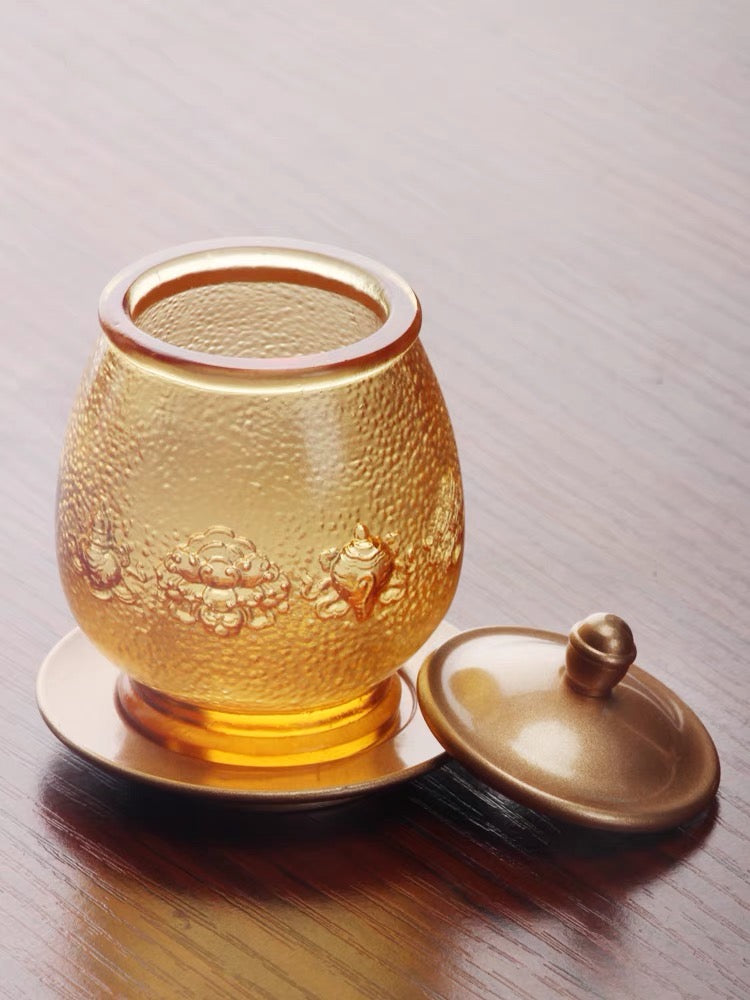 TXJ-251  Eight-auspicious Liuli Cup with lid & Saucer