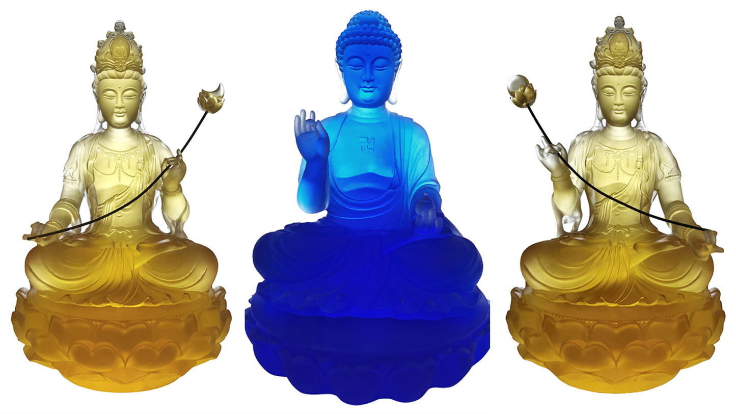 TXF-117 Traditional Liuli Three Buddhas of Eastern Sitting Shape Bhaisajyaguru sun and moon Bodhisattva