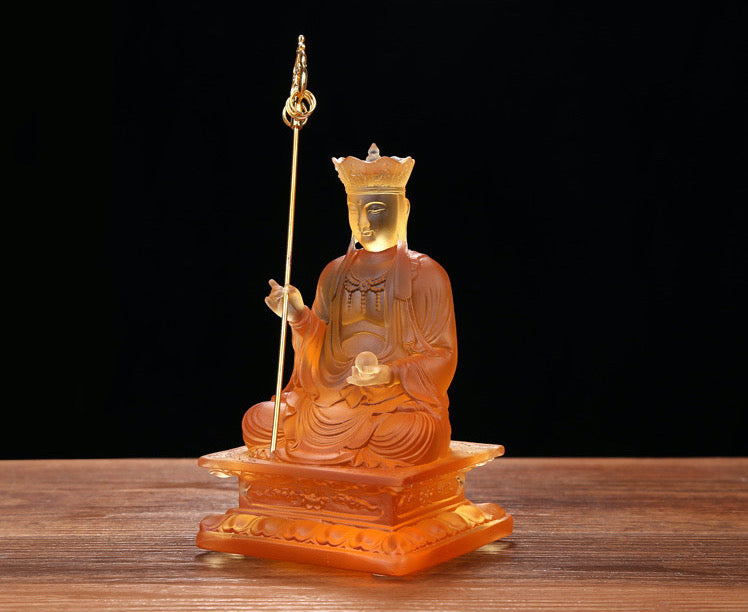 TXF-111-2 Home Shrine Decor Liuli Crystal Glass Sitting Buddha 12cm Ksitigarbha Bodhisattva