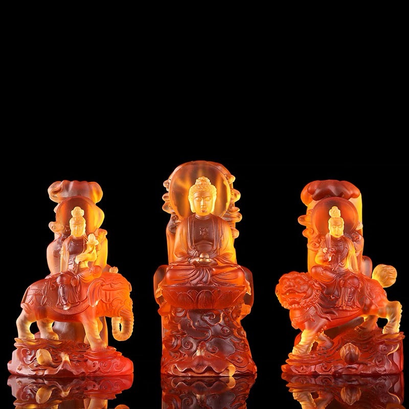 TXF-116B Traditional Liuli Three Saints of Huayan Buddha with Backboard (3pcs/set)