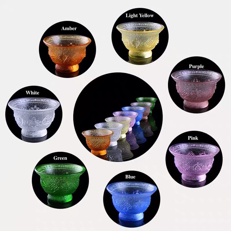 TXJ-241S Traditional Liuli  (Colored Glaze) Crystal Glass Cup embossed Eight-auspicious symbol