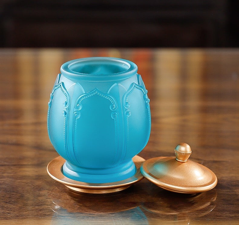 TXJ-271 Traditional Auspicious-flower Liuli Cup with copper saucer & lid