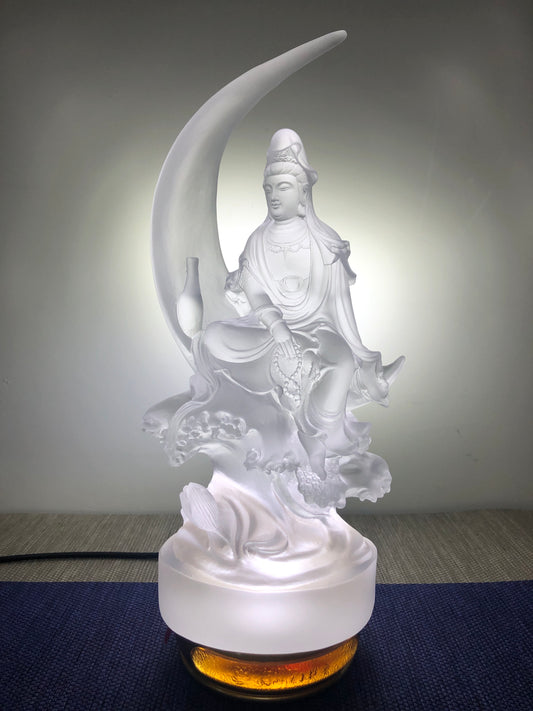 TXF-108 Kuan Yin Sitting On Crescent Moon Altar Figurine 9" Height