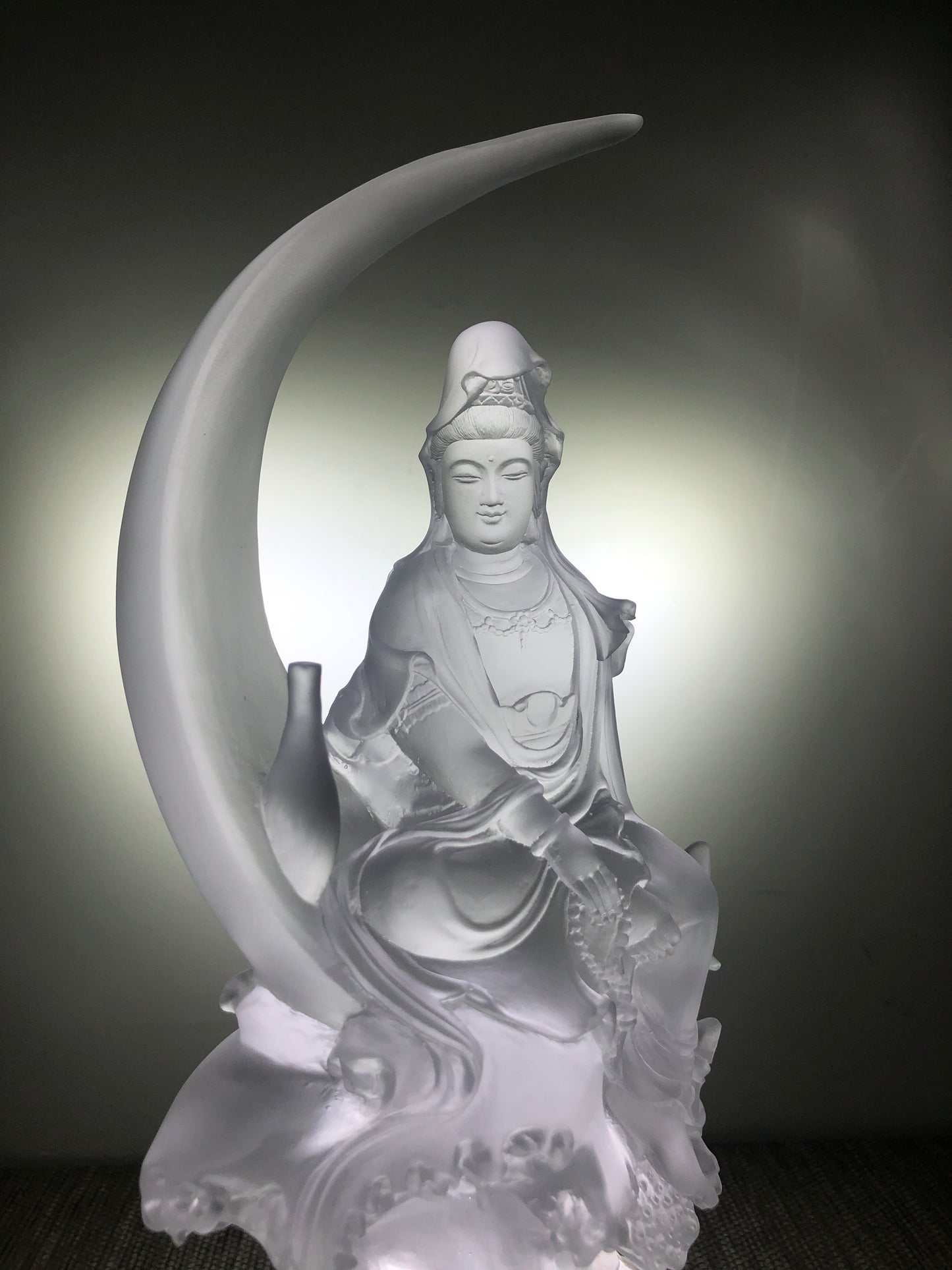 TXF-108 Kuan Yin Sitting On Crescent Moon Altar Figurine 9" Height