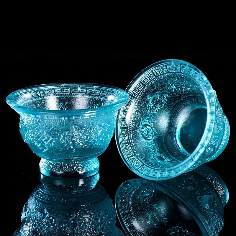 TXJ-241S Traditional Liuli  (Colored Glaze) Crystal Glass Cup embossed Eight-auspicious symbol