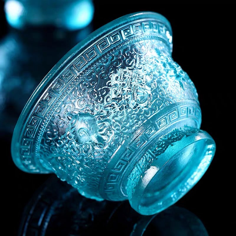TXJ-241S Traditional Liuli  (Colored Glaze) Crystal Glass Cup embossed Eight-auspicious symbol