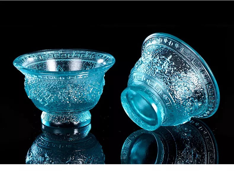 TXJ-241S Traditional Liuli  (Colored Glaze) Crystal Glass Cup embossed Eight-auspicious symbol