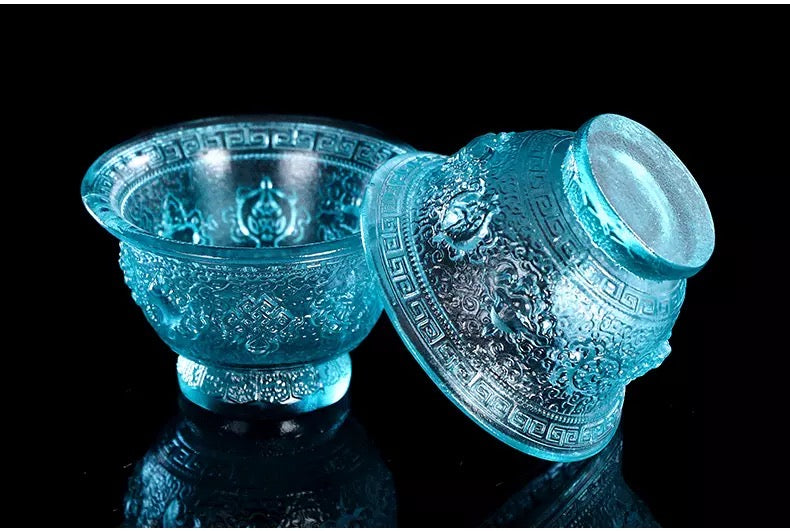 TXJ-241S Traditional Liuli  (Colored Glaze) Crystal Glass Cup embossed Eight-auspicious symbol