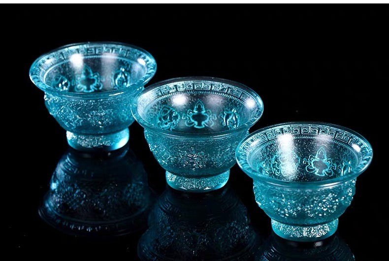 TXJ-241S Traditional Liuli  (Colored Glaze) Crystal Glass Cup embossed Eight-auspicious symbol