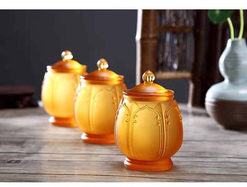 TXJ-271 Traditional Auspicious-flower Liuli Cup with copper saucer & lid