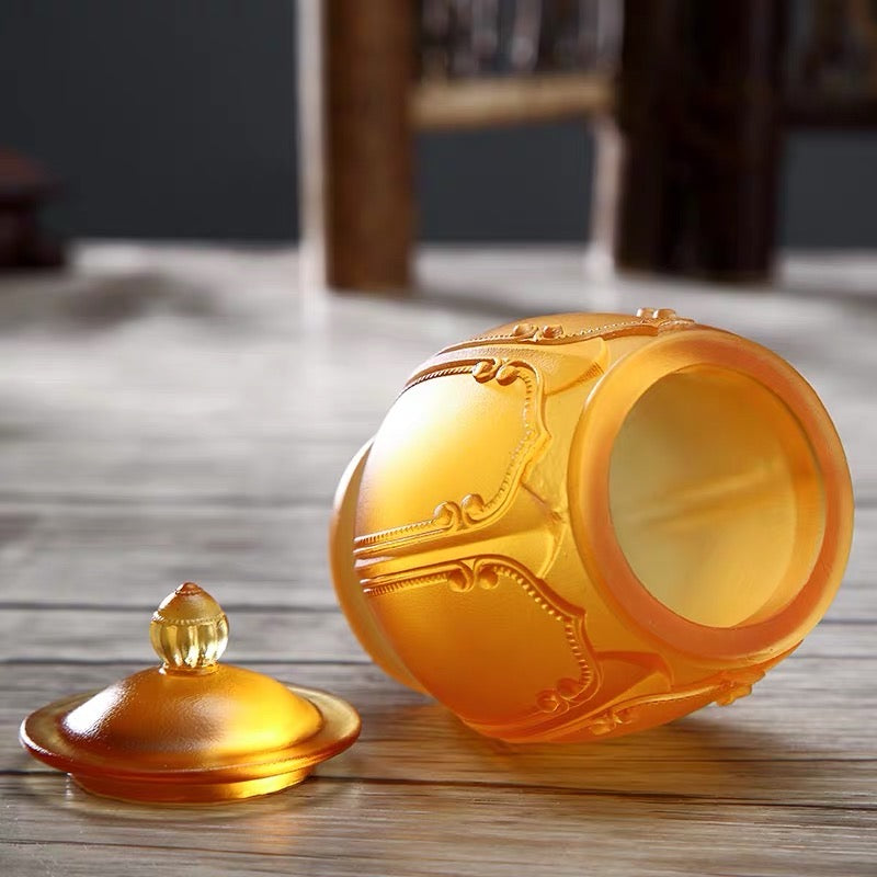 TXJ-271 Traditional Auspicious-flower Liuli Cup with copper saucer & lid