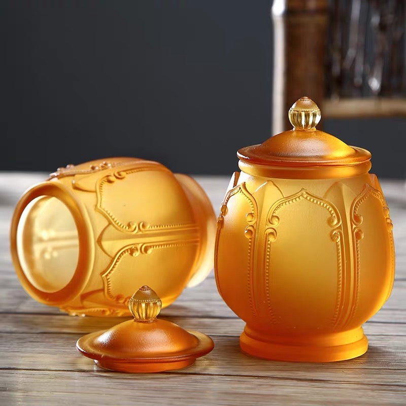 TXJ-271 Traditional Auspicious-flower Liuli Cup with copper saucer & lid