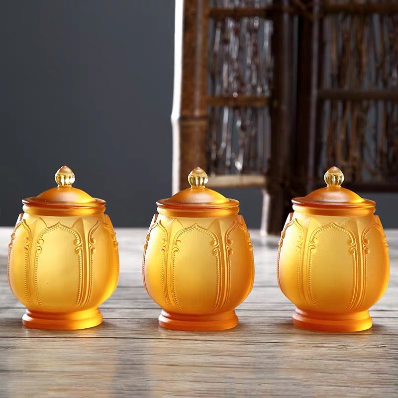 TXJ-271 Traditional Auspicious-flower Liuli Cup with copper saucer & lid