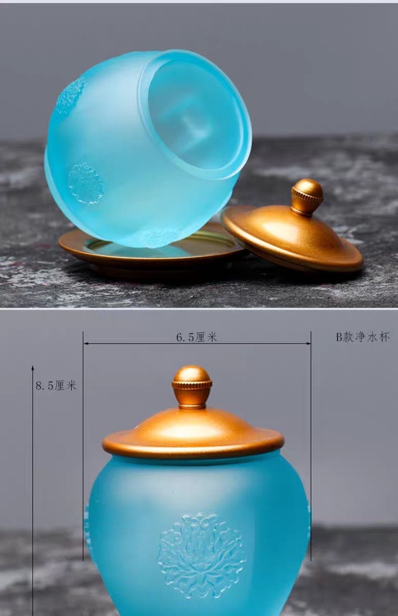 TXJ-291 Traditional Liuli Glass cup with Lid & Saucer Rosette design