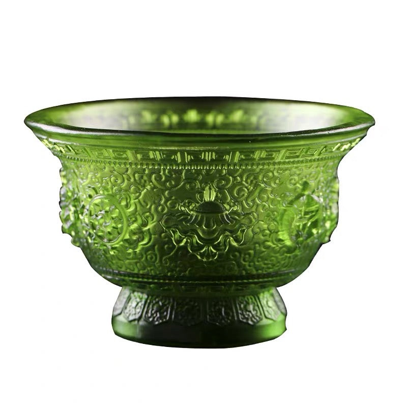 TXJ-241S Traditional Liuli  (Colored Glaze) Crystal Glass Cup embossed Eight-auspicious symbol