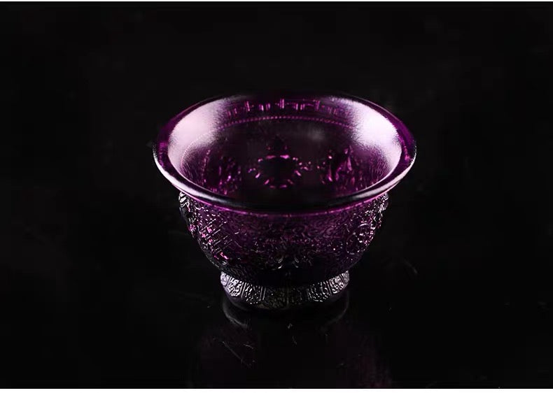 TXJ-241S Traditional Liuli  (Colored Glaze) Crystal Glass Cup embossed Eight-auspicious symbol