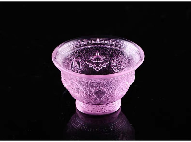 TXJ-241S Traditional Liuli  (Colored Glaze) Crystal Glass Cup embossed Eight-auspicious symbol
