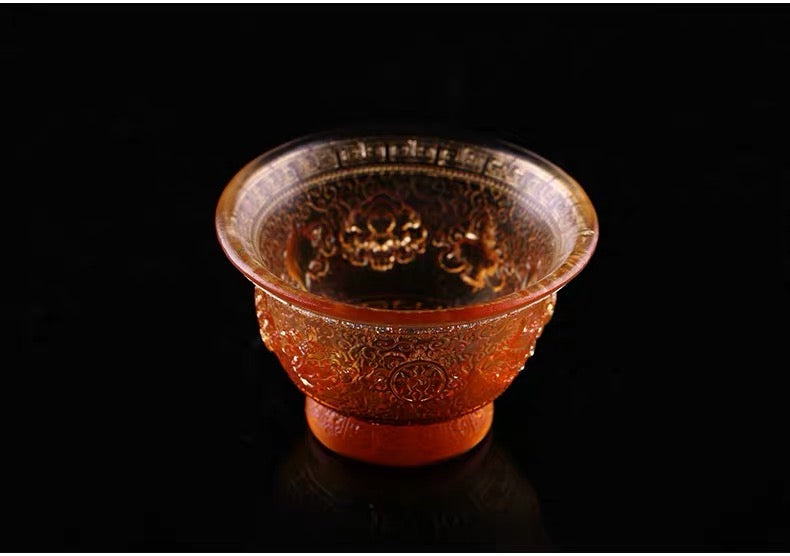 TXJ-241S Traditional Liuli  (Colored Glaze) Crystal Glass Cup embossed Eight-auspicious symbol