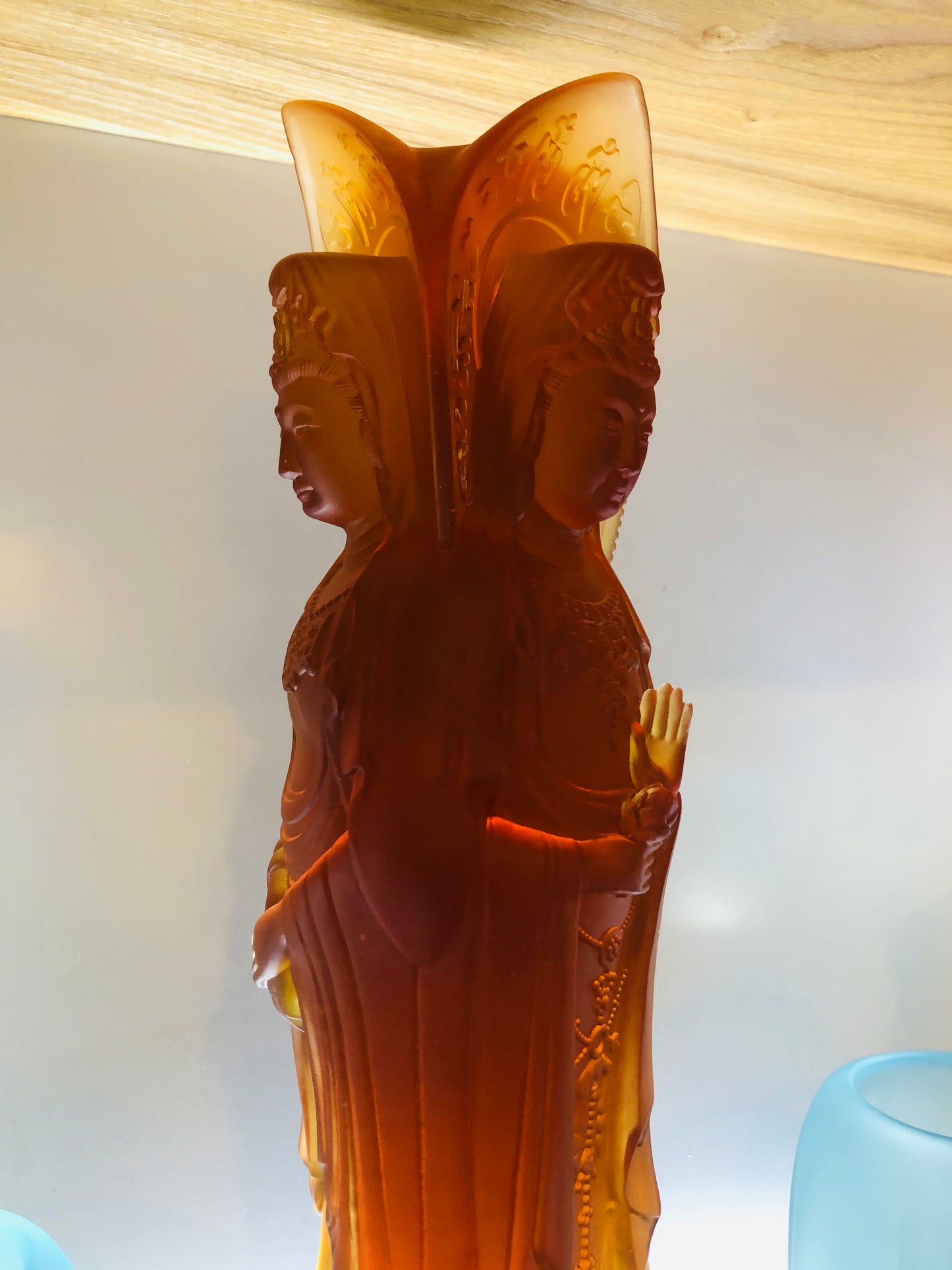 TXF-915 Trihedron Kwan-yin Guanyin Buddha Statue Traditional Liuli Crystal Colored Glaze Sculpture