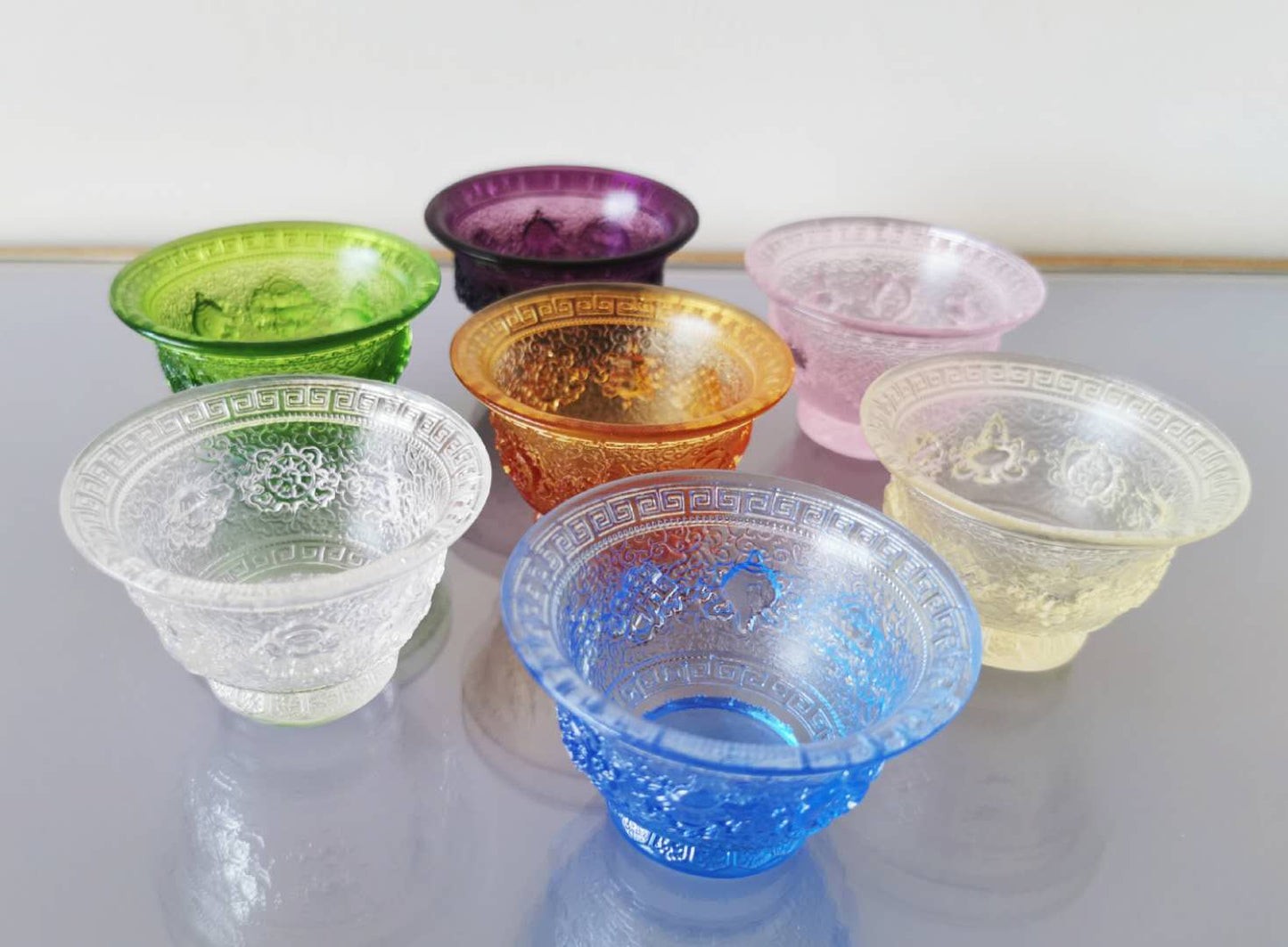 TXJ-241S Traditional Liuli  (Colored Glaze) Crystal Glass Cup embossed Eight-auspicious symbol
