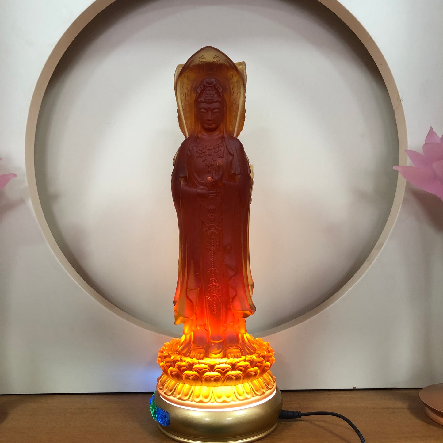 TXF-915 Trihedron Kwan-yin Guanyin Buddha Statue Traditional Liuli Crystal Colored Glaze Sculpture