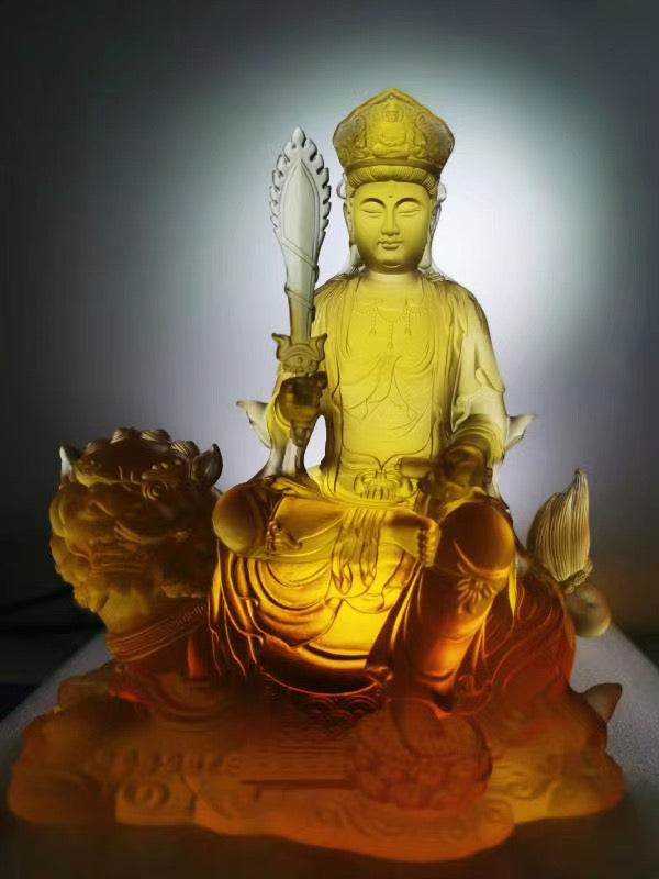 TXF-118 Exotoric Buddhism Home Shrine Ornament Traditional Liuli Crystal Manjushri Sword Buddha Statue