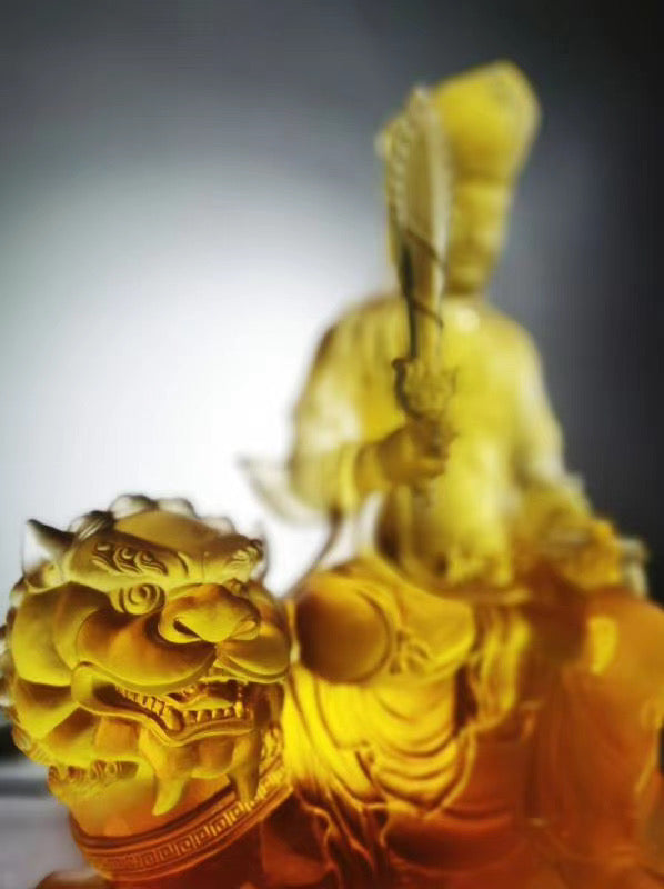 TXF-118 Exotoric Buddhism Home Shrine Ornament Traditional Liuli Crystal Manjushri Sword Buddha Statue