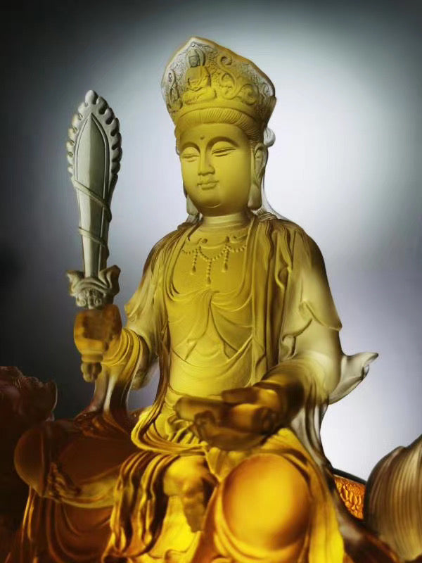 TXF-118 Exotoric Buddhism Home Shrine Ornament Traditional Liuli Crystal Manjushri Sword Buddha Statue