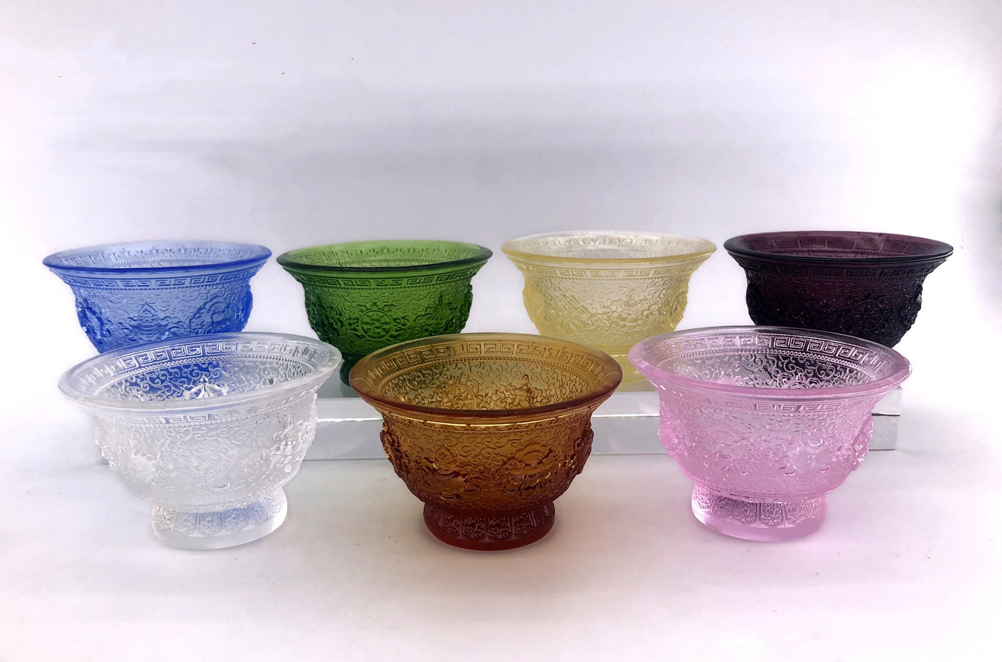 TXJ-241S Traditional Liuli  (Colored Glaze) Crystal Glass Cup embossed Eight-auspicious symbol