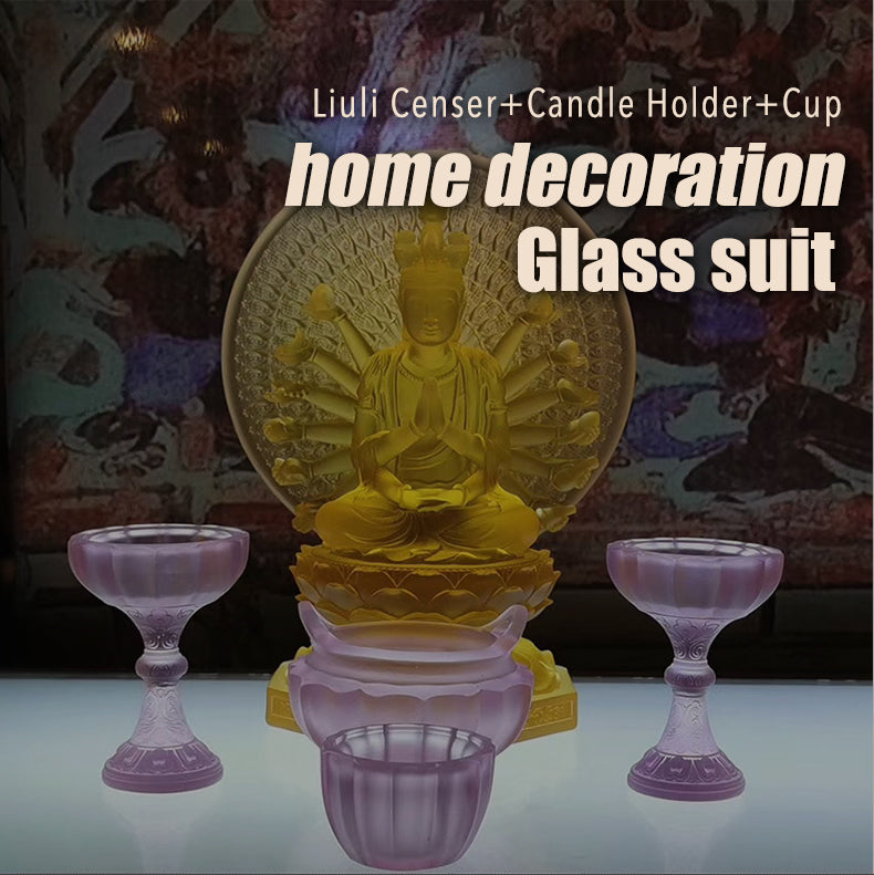 TXJ-371 A 6-piece Lotus Worship Supplies Set Home Decoration Gift box Liuli Censer+Candle Holder+Cup