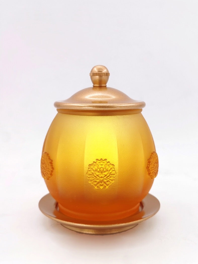 TXJ-291 Traditional Liuli Glass cup with Lid & Saucer Rosette design